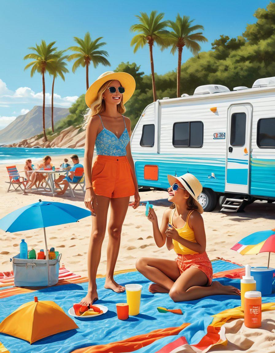 A family enjoying a sunny day at a scenic RV campsite, applying sunscreen on each other while surrounded by colorful beach umbrellas, picnic tables, and nature. The RV is parked in the background, with a clear blue sky and sun shining brightly. Include various sunscreen products laid out on a picnic blanket, alongside playful children wearing hats and sunglasses. bright colors. illustration.