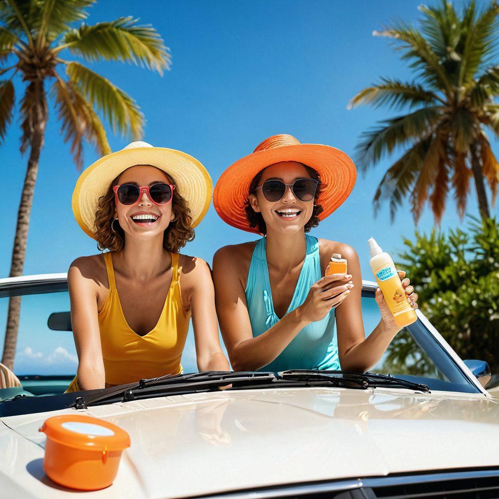 A sun-drenched road trip scene featuring a stylish car with sun protection gear prominently displayed, including a bright umbrella, UV-blocking sunglasses, and sunscreen. In the background, a scenic landscape with palm trees and a clear blue sky to evoke a sense of adventure and safety. Include people applying sunscreen and enjoying the journey to emphasize the importance of sun safety. vibrant colors. super-realistic.