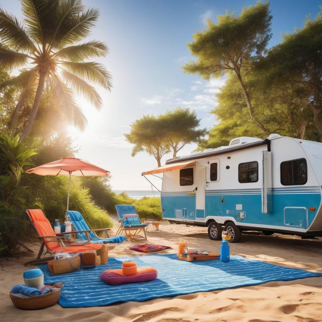 A serene RV parked under a bright sun, surrounded by lush greenery and a sandy beach. Display an array of colorful sunscreen bottles and accessories like sun hats, sunglasses, and beach towels spread around the RV. The sky is a vibrant blue, with soft fluffy clouds creating a perfect summer atmosphere. Include a family enjoying the sun, applying sunscreen, and relaxing nearby. super-realistic. vibrant colors. outdoor setting.